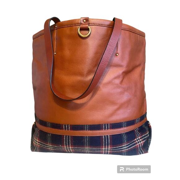 Brooks Brothers 2pc Tote & Wristlet Tan Leather Plaid Tartan Double Shoulder Bag - Picture 3 of 15